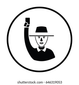 Cricket umpire with hand holding card icon. Thin circle design. Vector illustration.