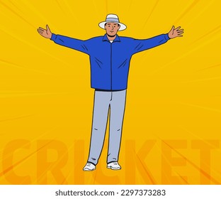 The cricket umpire is spreading his hands and signaling the wide ball during the Cricket match, IPL Cricket.