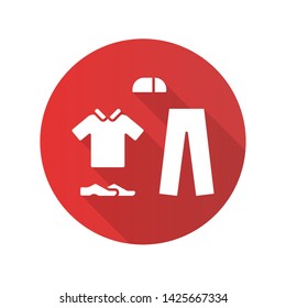 Cricket uniform flat design long shadow glyph icon. Cricket whites. Sport flannels. Sportswear. Collared shirt, long trousers, cap, shoes. Man outfit. Team clothes. Vector silhouette illustration