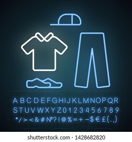 Cricket uniform neon light icon. Sport flannels. Sportswear. Collared shirt, long trousers, cap, shoes. Man outfit. Glowing sign with alphabet, numbers and symbols. Vector isolated illustration