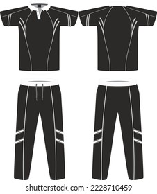 Cricket uniform set with front and back view Sports Cricket t-shirt jersey and bottom trouser design template, mock up