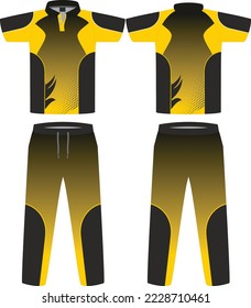 Cricket uniform set with front and back view Sports Cricket t-shirt jersey and bottom trouser design template, mock up