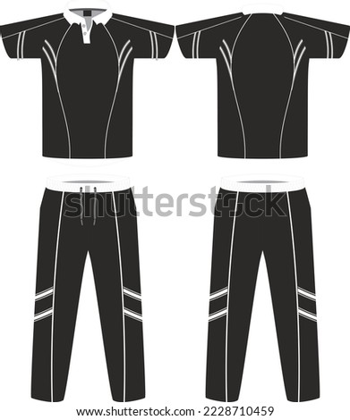 Cricket uniform set with front and back view Sports Cricket t-shirt jersey and bottom trouser design template, mock up