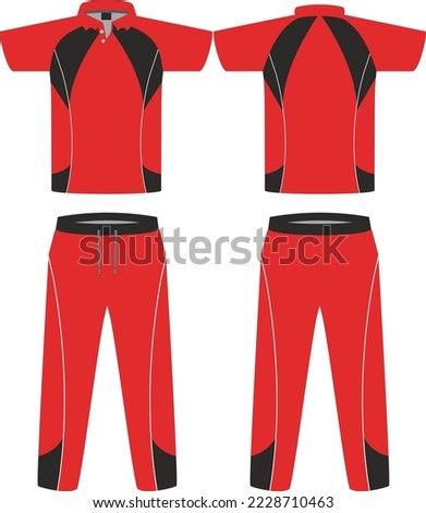 Cricket uniform set with front and back view Sports Cricket t-shirt jersey and bottom trouser design template, mock up