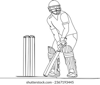 Cricket Vector Illustration - Sketch Drawing of Ideal Batting Stance, Stylish Cricket Batsman Standing Pose - Line Art Cricket Logo, Ideal Cricket Batsman Stance - Line Art Illustration