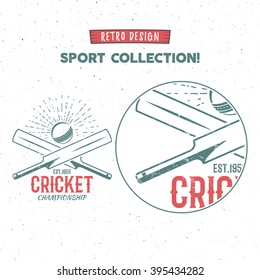 Cricket vector logo icon design. Vintage Sport emblem. Vector badge. tee graphic  and symbols with gear, equipment, sunbursts for web or t-shirt print. 