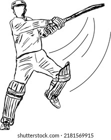 Cricket Vector, Sketch drawing of cricket batsman playing square Cut shot, Line art illustration silhouette of Cricket Player