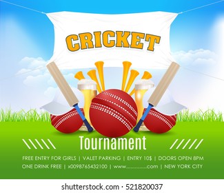 Cricket Vertical Poster Event Info Postcard Design and Sports Ad Web Banner or Card Template, Cricketer Ball and Stick Illustration. Sports Vector Background