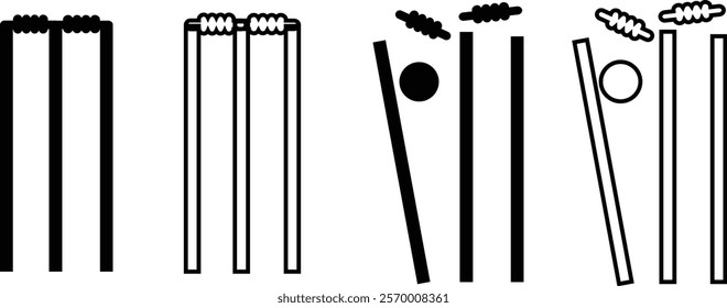 Cricket wicket icon set. Cricket game vector collection isolated on transparent background. cricket tournament wicket out elements template. vintage for clubs and team. Sports sign for web app