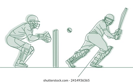 Cricket. Guardián de wicket con el jugador de cricket batsman Line Drawing Vector ilustración.