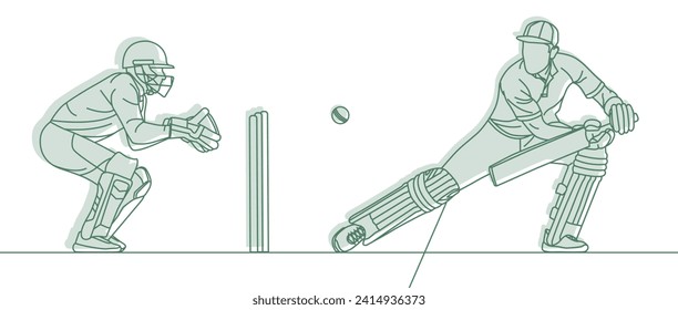 Cricket. Wicket keeper with Cricket batsman Line drawing Vector illustration.