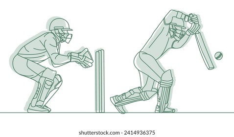 Cricket. Guardián de wicket con el jugador de cricket batsman Line Drawing Vector ilustración.