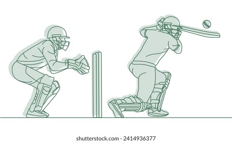 Cricket. Guardián de wicket con el jugador de cricket batsman Line Drawing Vector ilustración.