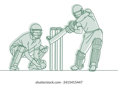 Cricket. Guardián de wicket con el jugador de cricket batsman Line Drawing Vector ilustración.