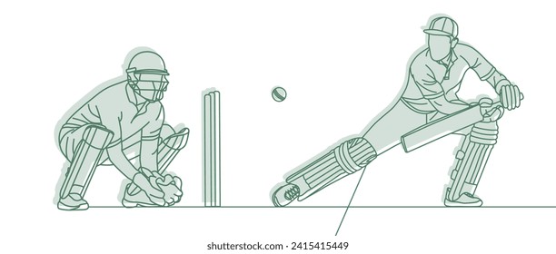 Cricket. Guardián de wicket con el jugador de cricket batsman Line Drawing Vector ilustración.