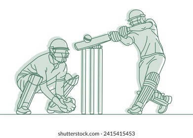 Cricket. Wicket keeper with Cricket batsman Line drawing Vector illustration.