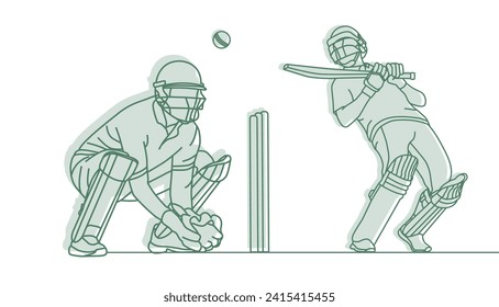 Cricket. Wicket keeper with Cricket batsman Line drawing Vector illustration.