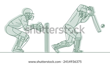 Cricket. Wicket keeper with Cricket batsman Line drawing Vector illustration.