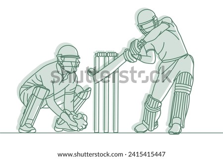 Cricket. Wicket keeper with Cricket batsman Line drawing Vector illustration.