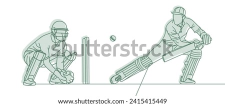 Cricket. Wicket keeper with Cricket batsman Line drawing Vector illustration.
