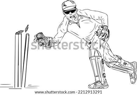 Cricket wicket keeper vector illustration, wicket keeper in action poses during cricket match.sketch drawing, cricket logo and clipart silhouette, cartoon doodle of wicketkeeping