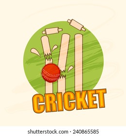 Cricket wicket stumps cracked by red ball on stylish green background.