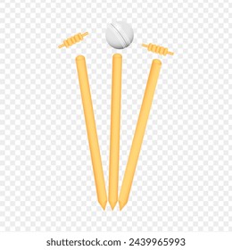 Cricket wicket stumps with flying ball on transparent background