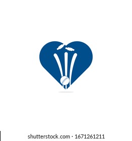 Cricket wickets and ball heart shape concept logo. Wicket and bails logo. Cricket championship logo. Cricket logo	