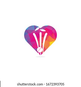 Cricket wickets and ball heart shape concept logo. Wicket and bails logo. Cricket championship logo. Cricket logo	