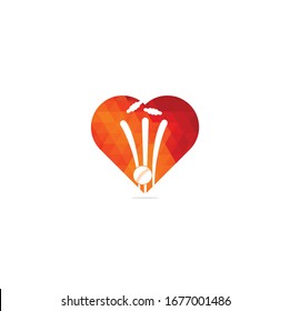 Cricket wickets and ball heart shape concept logo. Wicket and bails logo. Cricket championship logo. Cricket logo	