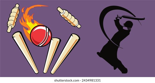 Cricket wickets and ball logo with a batsman. Cricket Player Logo Design Vector Illustration. Cricket championship logo.Cricket Team Logo