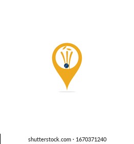 Cricket wickets and ball map pin shape concept logo. Wicket and bails logo. Cricket championship logo. Cricket logo	