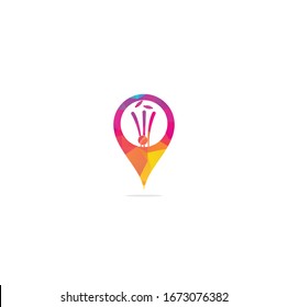 Cricket wickets and ball map pin shape concept logo. Wicket and bails logo. Cricket championship logo. Cricket logo	