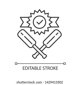 Cricket win linear icon. Sport tournament. Winner trophy, crossed bits. Total game result. League competition. Thin line illustration. Contour symbol. Vector isolated outline drawing. Editable stroke