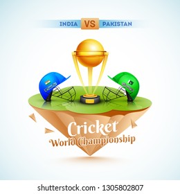 Cricket World Championship template or poster design with vector illustration of champion trophy and cricket attire helmet of competitive teams India and Pakistan.