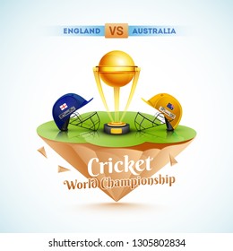 Cricket World Championship template or poster design with vector illustration of champion trophy and cricket attire helmet of competitive teams England and Australia.