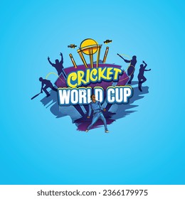 Cricket world cup typography and mnemonic illustration design with trophy, players on the blue background.