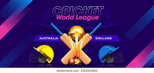 Cricket World League Concpet Australia vs England header or banner with helmet on stadium background.