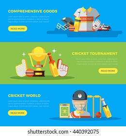 Cricket world and tournament banners with goods and apparel for players flat vector illustration