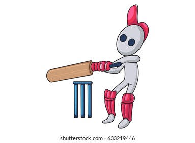 Cricketer bating and wickets visible. Vector Illustration. Isolated on white background.