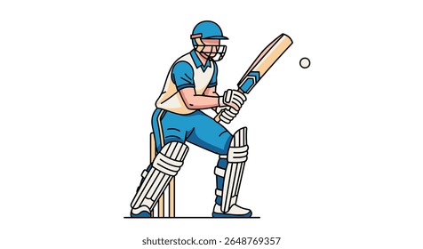A cricketer batting during a sporting event wearing protective gear and helmet ready to hit the ball