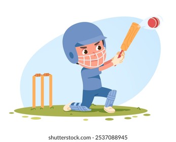 Cricketer batendo, usando equipamento de proteção. Jogador acertando bola de cricket durante partida esportiva. Batter man pessoa no capacete jogando críquete jogo segure morcego. Torneio esportivo, ilustração vetorial de competição