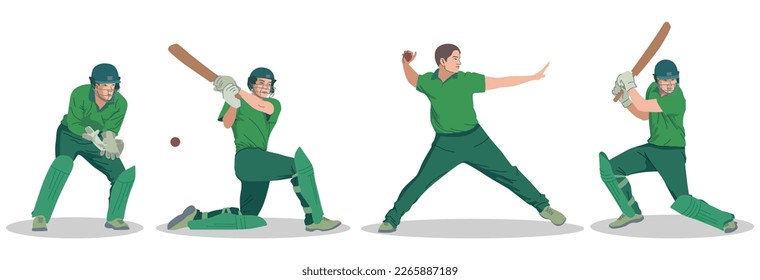 Cricketer, cricket player. Group of 4 different cricketers in different playing positions. Flat vector illustration.