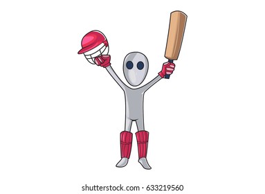 Cricketer with hands raised up helmet in one hand and bat in another hand. Vector Illustration. Isolated on white background.