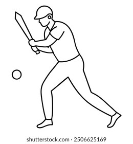 Cricketer Performance Vector Art Silhouette Line Drawing.