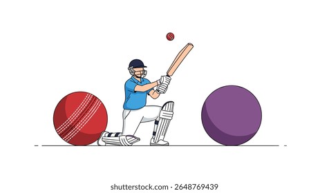 A cricketer playing a shot during a match with red and purple balls on the field