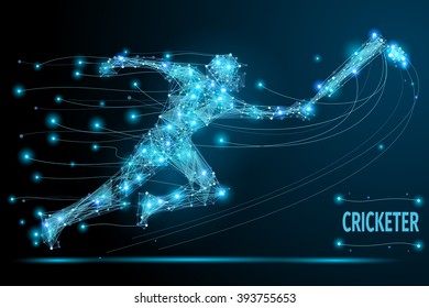 Cricketer polygonal thin line. Abstract Creative concept vector image of running man for cricket competition. Vector mesh spheres from flying debris. Futuristic technology style. 