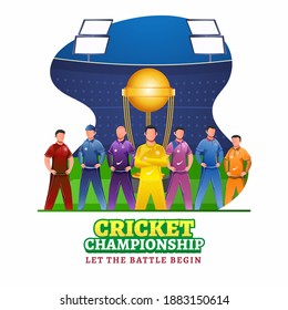 Cricketers Character in Different Color Attire with Winning Trophy Cup on Abstract Stadium Background for Cricket Championship.