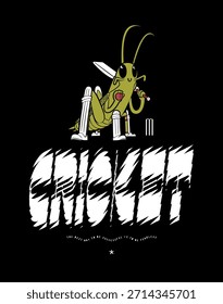 Cricket-playing grasshopper vector illustration on a black background vintage sports t-shirt print