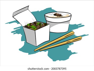 Crickets insects for eating as food deep-fried crispy snack and chopstick in paper box for take out home. It is good source of protein edible for eating future food and entomophagy concept.